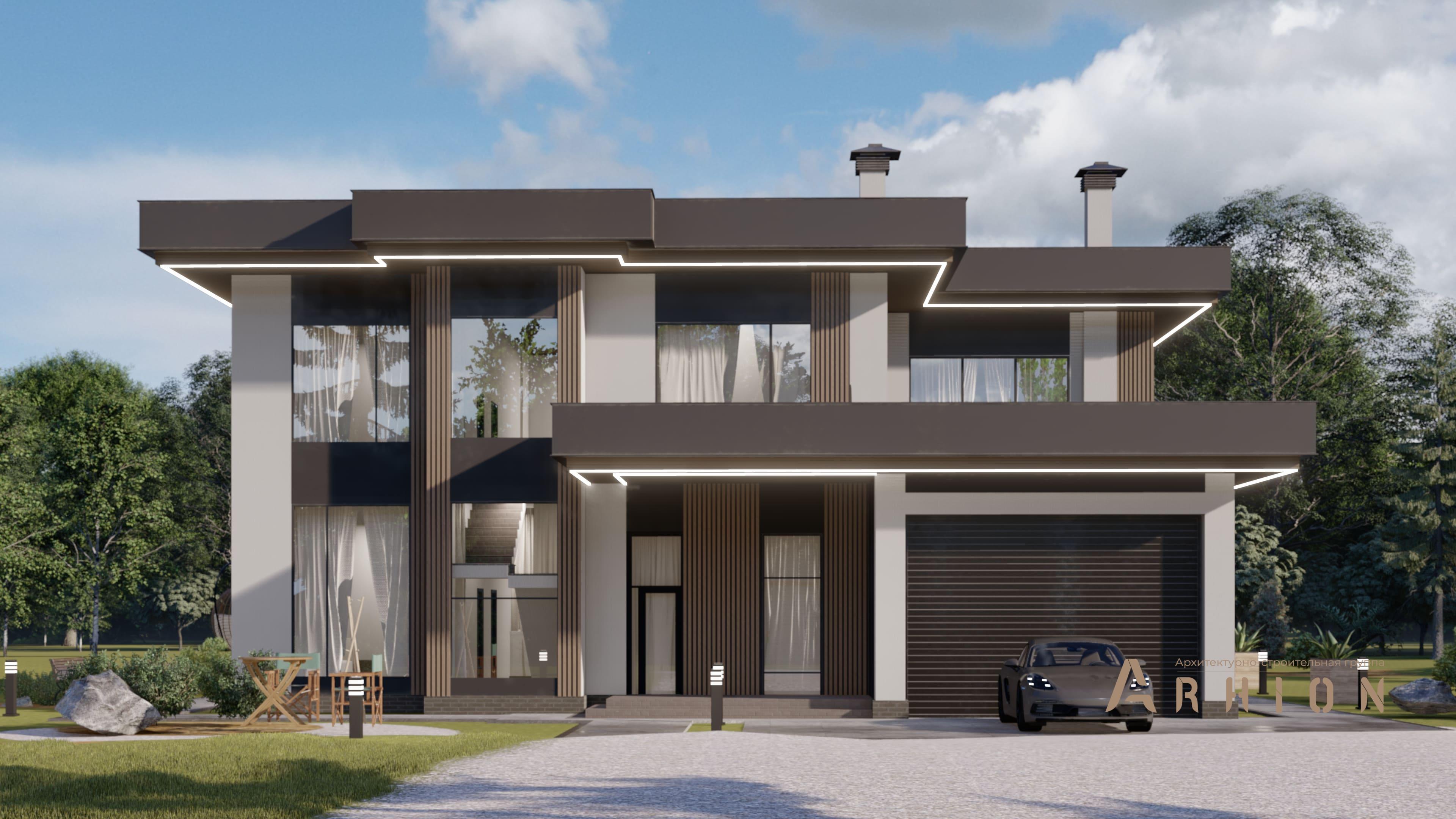 6. Проект двухэтажного дома в стиле хай-тек с плоской кровлей , H-079, площадью - 325 кв c терассой, балконом, гаражом